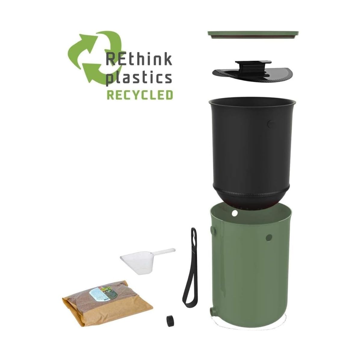 Skaza Bokashi Organko 2 (9.6 L) | Composteur de Cuisine en Plastique Recyclé avec Activateur de Fermentation 1 kg (Vert Olive)