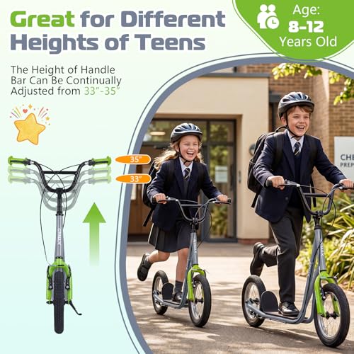 Image of GYMAX Scooter, Kids & Adults Off-Road Scooter with 12 inch Inflatable Wheels, Adjustable Height Handlebar, V-Type Handbrakes & Axle Pegs for All Terrain, 8+