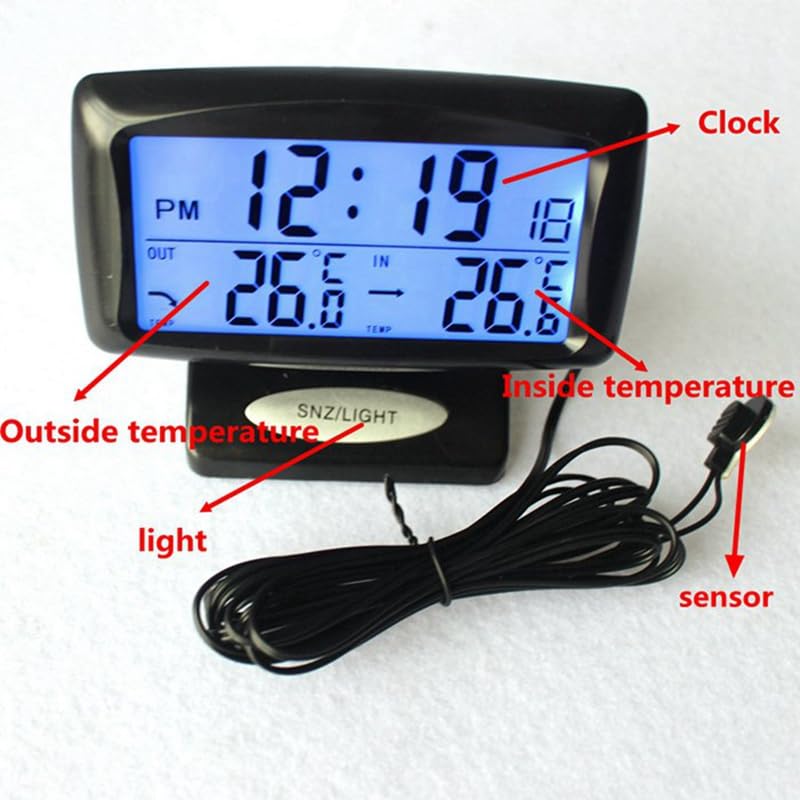 Auto Thermometer Electronic Clock LCD Home Car Indoor Outdoor Temp Monitor