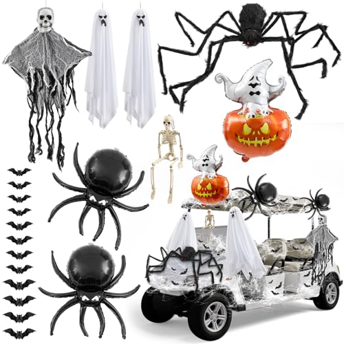 Moucuny 13 Pcs Halloween Golf Cart Decor Kit Spider Cotton Aluminum Film Balloon Spider Ghost Pendant Bat Wall Sticker Skull Ghost Pendant Aluminum Film Ball Skeleton Model for Golf Cart Accessories