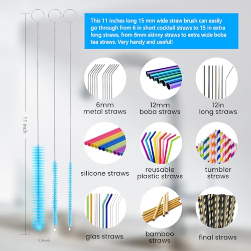 Image of 5 Pack Bottle Brush, Straw Cleaner Brush & Water Bottle Brush,15 in Stainless Steel Brush, Narrow Bottle Brush, 3 Straw Brushes, for Water Bottle, Coffee Mugs, Flasks, Glasses, Tumblers, Blue