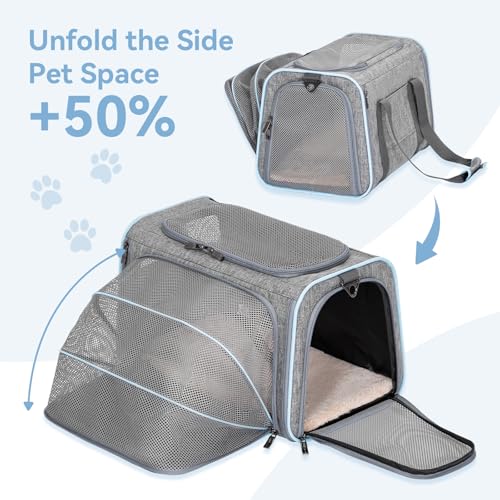 Petsfit Faltbarer Transporttasche Katze und Hund,erweiterbare Katzentransportbox mit Schultergurt Hundetragetasche Flugtasche Oxford Gewebe für Katze und Hund, L/Grau/Einseitig