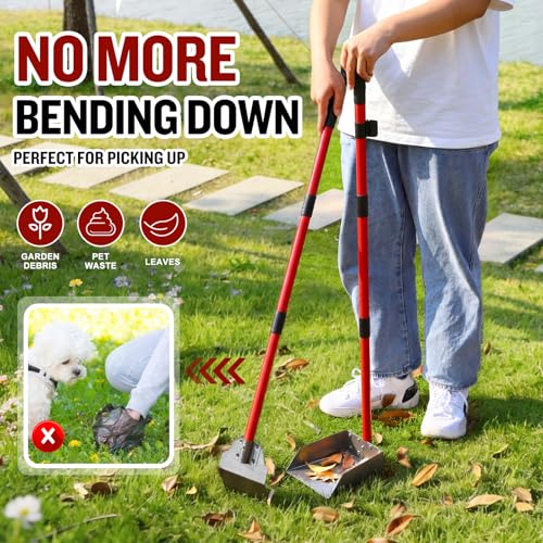 Image of Pooper Scooper for Large Dogs, Adjustable Long Handle Metal Tray and Spade Poop Scooper for Dogs with Bin for Pet Waste Removal, No Bending Clean Up Pooper Scooper for Medium and Large Dogs,Red