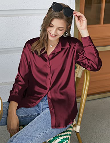 Chigant Women's Blouse Satin Silk Shirts Button Down Shirts Casual Loose Long Sleeve Office Work Tunic Tops2