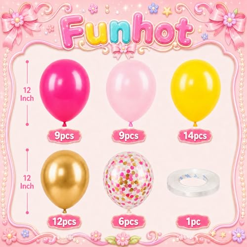 Image of Pink Yellow Balloons, 50Pcs 12 Inch Metallic Gold Confetti Latex | Hot Pink Yellow Balloons for Girls Birthday Baby Shower Bridal Wedding Summer Photo Backdrop Party Decor