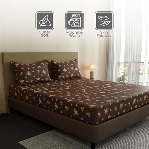 Image of Layers 100% Cotton Bedsheet for Double Size Bed | Lumina Floret Collection | 144 TC Soft & Breathable | Floral Print with 2 Pillow Covers | Wrinkle Free & Colorfast | 3 Piece Bedding Set - Brown