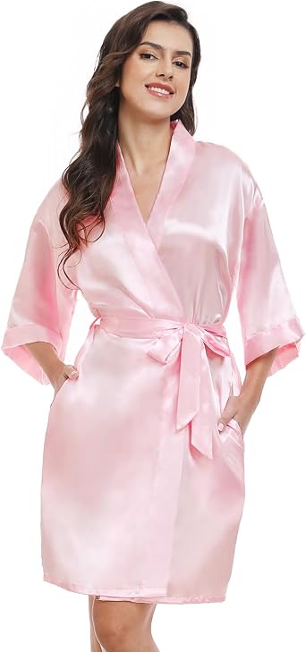 Womens Short Lightweight Bathrobe Silky Satin Robes Bridesmaid Bride Party Spa Kimono V-Neck Sleepwear with Pockets