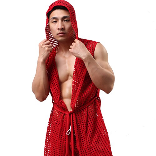 Yufeida Men's Sexy Hooded Sleeveless Robes Bathrobes Mesh See-Through Lingerie Sleepwear Pajamas(Red L) #TOP6