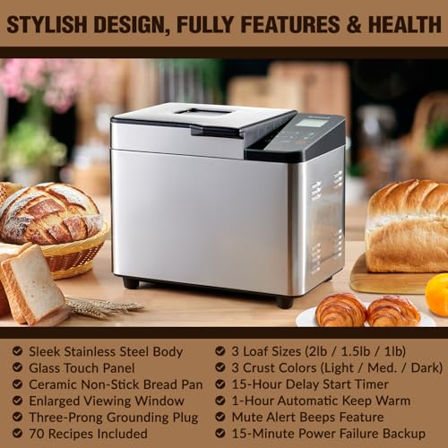 Bread Maker Machine with Ceramic Nonstick Pan, 19 Menus, 2 Pound Stainless Steel Breadmaker with Glass Touch Panel, Gluten Free, Sourdough Starter, Custom Setting, 3 Loaf Sizes & Crust Colors