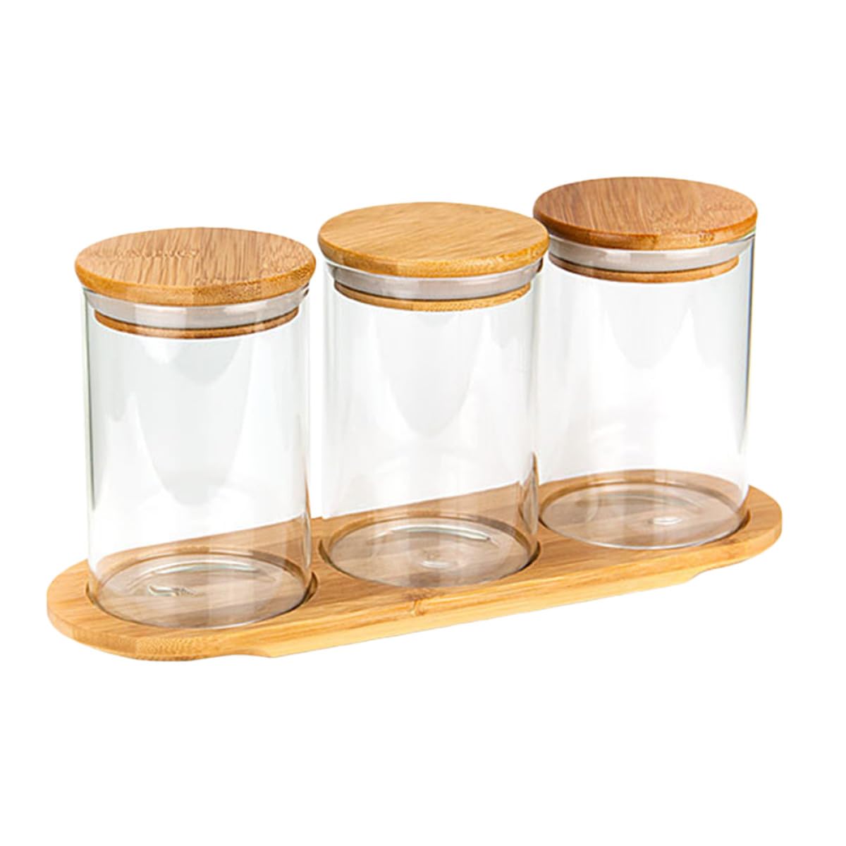 TOYANDONA Set 3 Barattoli Porta Spezie in Vetro Coperchio e Base in Bambù Contenitori Sigillati per Conservazione Alimentare Multiuso per Cucina e Dispensa Design Trasparente e Stabile