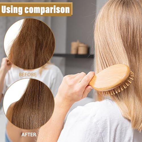 Bambus Haarbürste Holz mit Natur Pins, Bamboo Brush für Frauen Männer und Kinder, Antistatisch und Anti-Frizz Haarbürste (Rund)