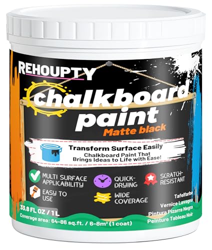 Black Chalkboard Paint - Matte Black Chalk Board Paint, 33.8 Fl Oz Easy to Apply & Brush-On Interior DIY Acrylic Coating, Chalkboard Finish for Wood, Metal, Furniture, Wall, Craft Covers 64 Sq Ft