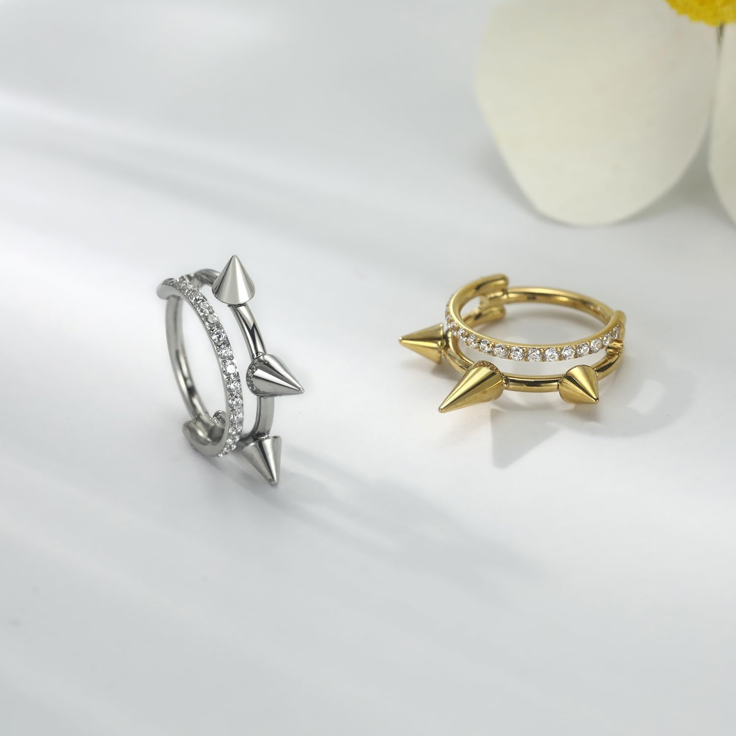 FUNLMO Septum Rings Nose Rings Hoops Conch Helix Piercing Jewelry Cartilage Earring Hoop 316L Surgical Steel Cube Zircon Spike Double Hoop Nose Ring 16G 10mm Silver