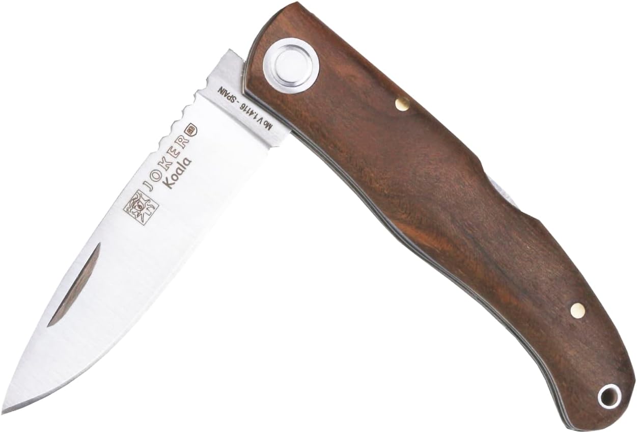 Joker Koala NN149 Sports Folding Knife. Knife with 2.75-inch Mova 1.4116 Steel Blade. Walnut Wood Handle measuring 3.74 inches