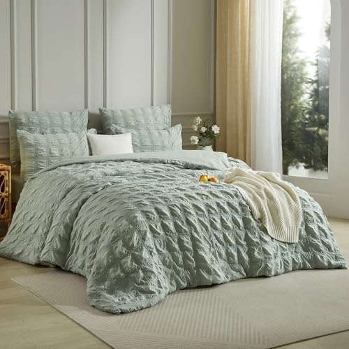 Luowei Seersucker Bed Linen 135 x 200 cm Checked Grass Green Green Fluffy Non-Iron Aesthetic Set Summer Cooling Duvet Cover 135 x 200 cm with Zip and Pillowcase 80 x 80 cm