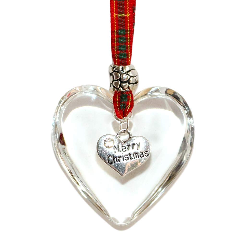The Heart Shack Silver Merry Christmas Glass Hanging Heart On Cameron Tartan Ribbon Tree Decoration