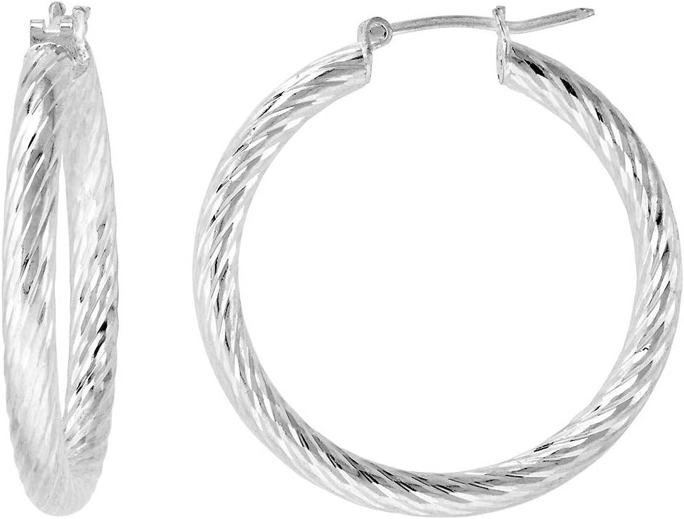 3mm Tube Sterling Silver Diamond Cut Hoop Earrings for Women assorted designs 20mm-45mm Italy