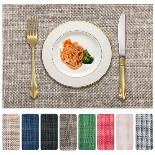 LANDVIEW Vinyl Placemats Set of 8, PVC Woven Washable Non-Slip Table Mats, Heat Resistant Wrinkle Free Place Mats for Dining Table, Easy to Clean (8, Cappuccino)