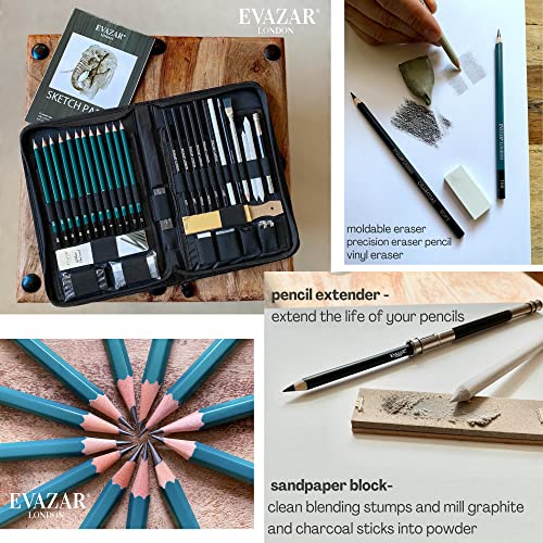 Evazar London Sketching And Drawing Art Supplies, Includes Graphite & Charcoal Pencils & Sticks Plus Accessories, Beautifully Presented In Portable Case With Integrated Stands, 44 Piece Set #TOP3