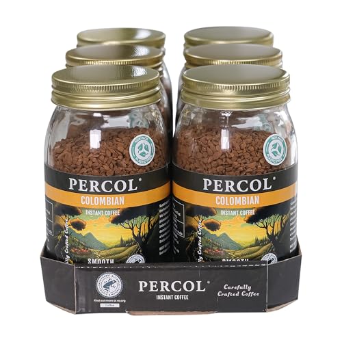 Percol - Smooth Colombian Instant Coffee (6x100g) 100% Hand-Picked Colombian Arabica Freeze Dried Light & Fruity Citrus Notes Strength 3 Sustainable Metal Lid Recyclable Rainforest Alliance