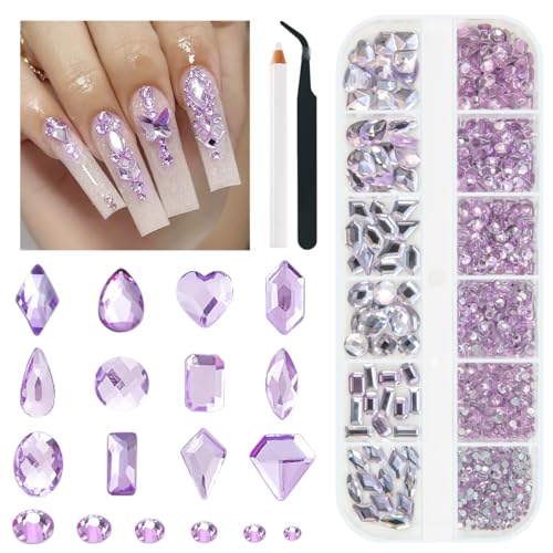 qiipii 2052Pcs Amethyst Purple Nail Rhinestones Glass Light Purple Rhinestones for Nails 72 Multi Shapes Big Gems +1980 Flatback Round Beads Crystals Diamonds Jewels Nail Art Charms for Faces Makeup