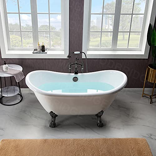 WOODBRIDGE 59" Heavy Duty Acrylic Double Slipper Clawfoot Bath Tub with Oil-Rubbed Bronze Feet + Oil-Rubbed Bronze Drain &Overflow