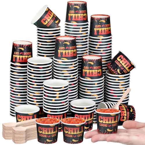 Teenyyou 400 Pcs Chili Cook off Party Decorations 200 Pcs 2 oz Mini Chili Cookoff Paper Cups and 200 Wooden Spoons Pepper Cook off Parties Decorations for Competition Prize Party Cooking Supplies