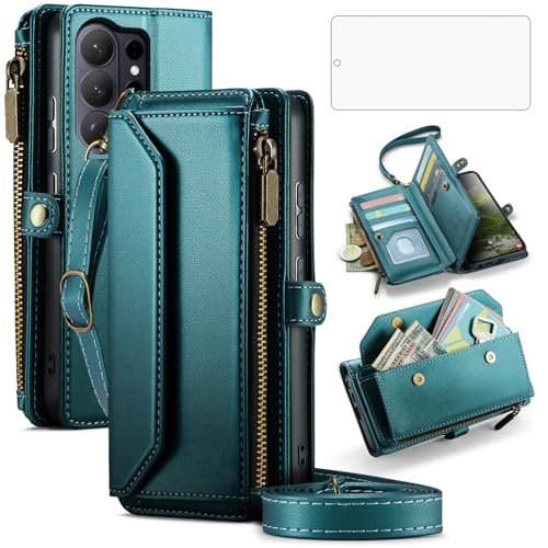 Asuwish Phone Case for Samsung Galaxy S26 Ultra 5G Zipper Wallet Cover with Screen Protector and Wrist Strap Flip RFID Blocking Credit Cash Card Holder Cell S26Ultra 26S S 26 26Ultra Women Girls Green