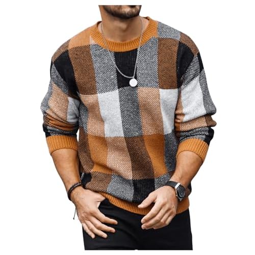 OYOANGLE Men’s Color Block Plaid Print Long Sleeve Crew Neck Sweater Pullover Tops
