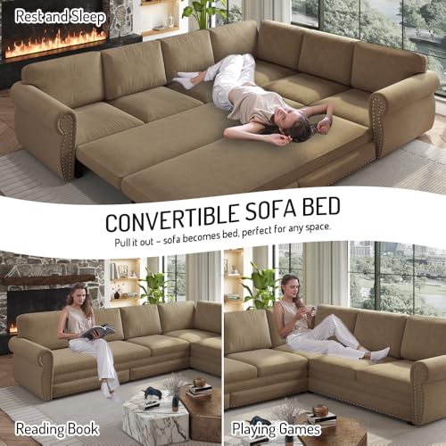 Image of KCGKCG 118 inch Sleeper Sofa Bed, Sectional Couches for Living Room /Apartment, Chenille L Shaped Couch with Pull Out Couch Bed, Convertible Sectional Sofa with Rolled Arm & Nailhead Trim, Camel
