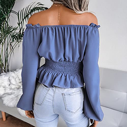Sunlucky Womens Shoulderless Long Sleeve Pleated Blouse Solid Color Tunic Tops Blue #TOP2