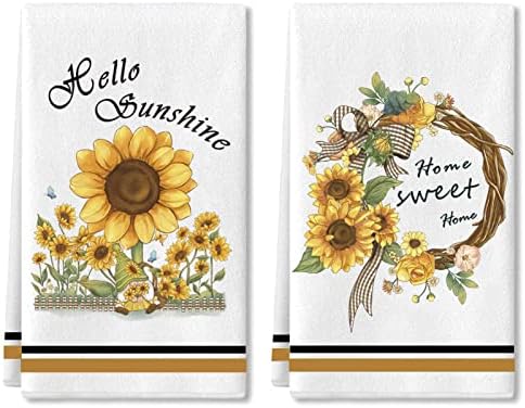 Sunflower Gnome Kitchen Towels, 2 Pack Hello Sunshine Sweet Home Quotes Sunflower Wreath Tea Dish Towels, Absorbent Drying Cloth Tea Towels for Cooking Baking, 18 x 28 Inch (Sunflower Line)