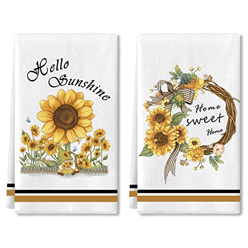 Sunflower Gnome Kitchen Towels, 2 Pack Hello Sunshine Sweet Home Quotes Sunflower Wreath Tea Dish Towels, Absorbent Drying Cloth Tea Towels For Cooking Baking, 18 X 28 Inch (Sunflower Line) #TOP2