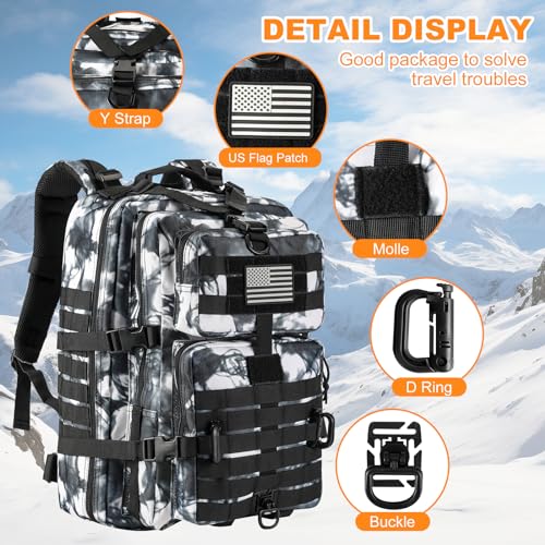 Image of Hannibal Tactical MOLLE Assault Backpack, Tactical Backpack Military Army Camping Rucksack, 3-Day Pack Trip w /USA Flag Patch, D-Rings, Black White camo