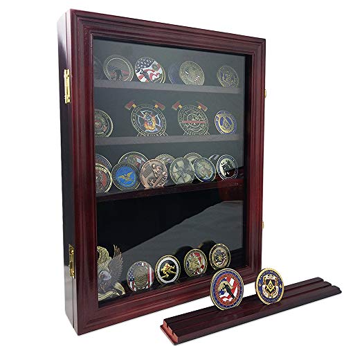 AtSknSK Closable LATCHES Military Challenge Coin/Casino Chip Display Holder Stand Cabinet Rack Box with Glass Door - Holds Up To 60 Coins - Shelf Removable