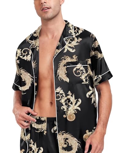 SWOMOG Men Satin Silk Pajamas Sets Short Sleeve Sleepwear Button-Down PJs Sets Two-Pieces Loungewear with Pockets Small Black Dragon2