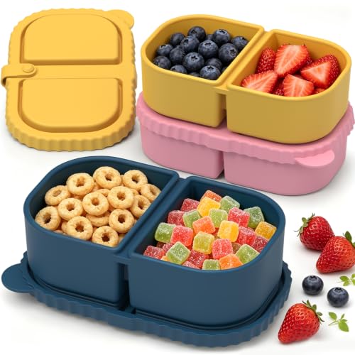 ICEROYCE 3 Pack Silicone Snack Containers for Kids, 2 Compartment Lunch Box
