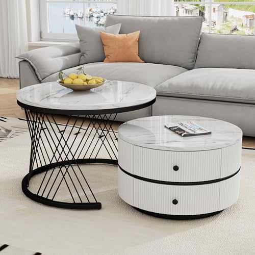 Goeria Elegante Juego De 2 Mesas De Centro Blancas En Forma De Nido, 60 60 46 Cm 50 50 31 Cm, Combinación Nido, Mesa De Centro, Mesas Redondas Con Aspecto De Mármol Brillante, 2 Cajones