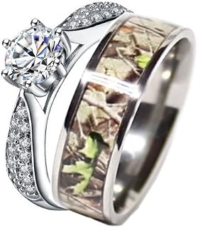 Women`s Titanium Camo & Sterling Silver Engagement Wedding Ring Set #SP24RWC04