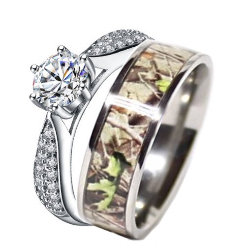 Women`s Titanium Camo & Sterling Silver Engagement Wedding Ring Set #SP24RWC04