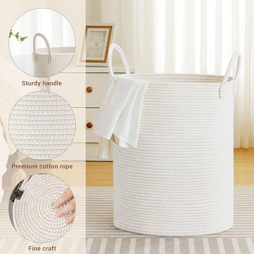 Image of 88L Large Tall Cotton Rope Laundry Basket with Handles, White