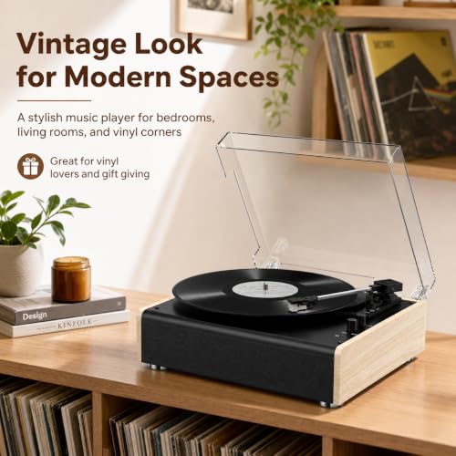 Image of Bluetooth Vinyl Record Player with Built-in Stereo Speakers, 3-Speed Belt-Drive Turntable for 7 /10 /12 Inch Vinyl Records, Magnetic Cartridge, RCA Out, AUX in, Headphone Jack, Vintage White Phonograph