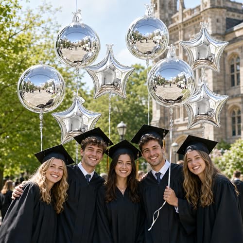 Image of 9 Pcs Silver Round Foil Balloons and Star Balloons 22 /18 4D Ball Balloon Metallic Silver Star Mylar Balloon Chrome for Graduation Birthday Wedding Anniversary New Year Disco Prom Party Decor