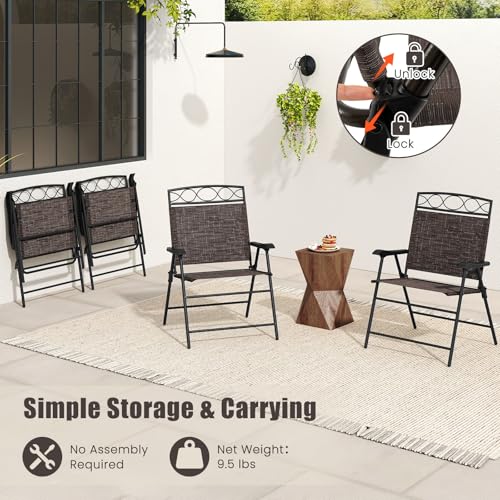 Image of Giantex Set of 4 Patio Folding Chairs, Outdoor Dining Chairs for Camping, Beach, Backyard, Deck, Portable Dining Chair w /Armrest and Metal Frame, 4-Pack (Dark Brown)