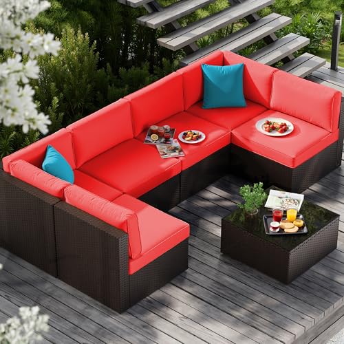 Vongrasig 7 Pieces Patio Furniture Sets, Outdoor All-Weather Wicker Patio Conversation Sets, L-Shaped Rattan Sectional Patio Sofa with Glass Table for Backyard, Red - Thumbnail 3