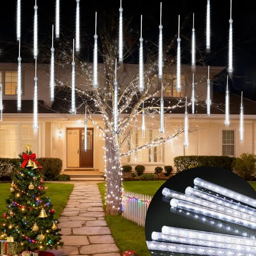 Luces navideñas para exteriores, 10 tubos de lluvia de meteoritos, cadena de luces para exteriores, lluvia de meteoritos, luces de lluvia, carámbanos para Navidad, Halloween, fiestas, jardín