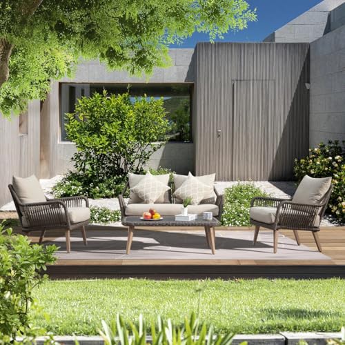 Image of LOCCUS 4-Piece Outdoor Rope Patio Furniture Set - All-Weather Waterproof Conversation Set with Cushions, Modern Woven Bistro Set for Balcony, Lawn, Garden, or Terrace (Brown & Beige)