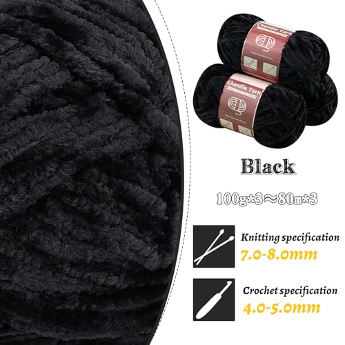 Image of LUNARM Chenille Yarn 3 Pack 3.5oz Chunky Blanket Velvet Yarn 263 Yard | Black Chunky Chenille Yarn for Beginners Crocheting Hand Knitting Scarves with Big Eye Needles Machine Washable
