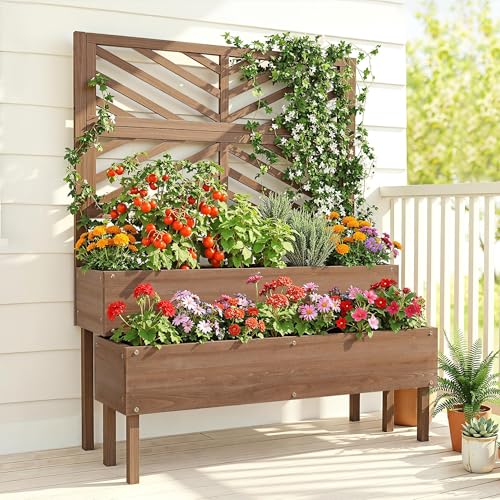 Yaheetech 2-Tier Solid Fir Wood Raised Garden Bed with Trellis for Climbing Plants Self-Draining Planter with Drainage Holes for Garden Porch Balcony Lawn Patio Dark Brown
