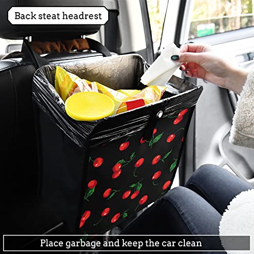 Image of Cherry Black Car Trash Can, Foldable Hanging Car Trash Bag, Watercolor Fruit Leaves Small Waterproof Car Accessories Garbage Bin